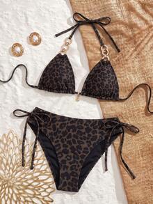 Swim Vcay Women's 2pcs Set Summer Sexy Leopard Print Random Pattern V-Neck Halter Tie Bikini Set Set - Multicolor - View 2
