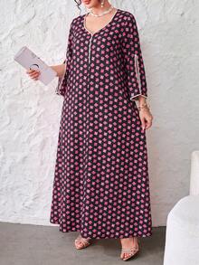 Yasmyna Elegant V-Neck Pearl Trim Patchwork Floral Print Loose Fit Slimming Flattering Full Skirt Romantic Women's Dress - Multicolor - View 4