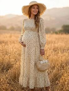 Boho Mama 米色抓皺碎花孕婦洋裝（度假風）– 秋冬荷葉邊鄉村風優雅性感女款休閒洋裝，適合拍照拍攝 - 杏色 - 查看 4