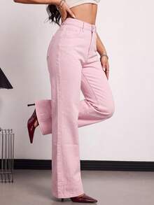 SHEIN Tall 高個女款時尚百搭口袋鈕扣牛仔長褲 秋季教師褲 - 粉色 - 查看 6