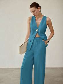 MOTF PREMIUM WOMEN'S SUIT VEST & SLANT POCKET PANTS OUTERWEAR, SLEEVELESS TWO PIECES SET - Blue - View 6