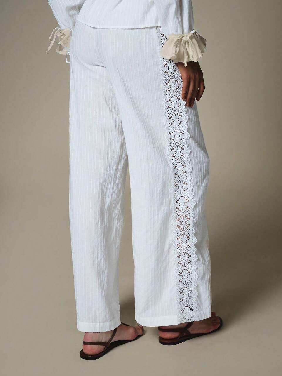 KSTM Wide Leg Lace Trim Casual Pants With Eyelet Side Panel Elastic Waist Full Length Summer Boho Trousers