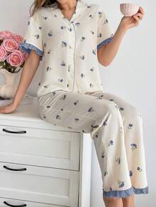 CottageSlumber Women's Floral Print Frill Trim Button Front Pajama Set - Blue - View 6