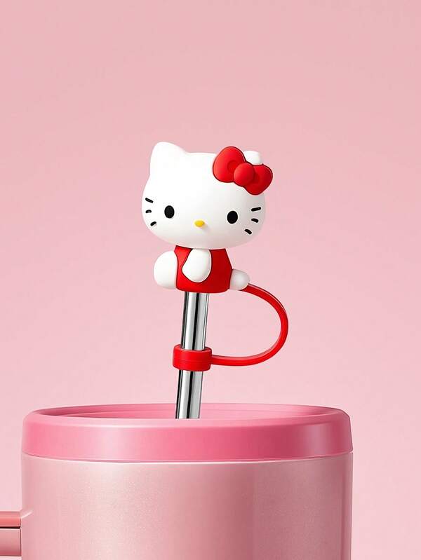 HELLO KITTY AND FRIENDS | SHEIN 1件 3D小貓蝴蝶結矽膠吸管蓋（不含吸管），日常、情人節