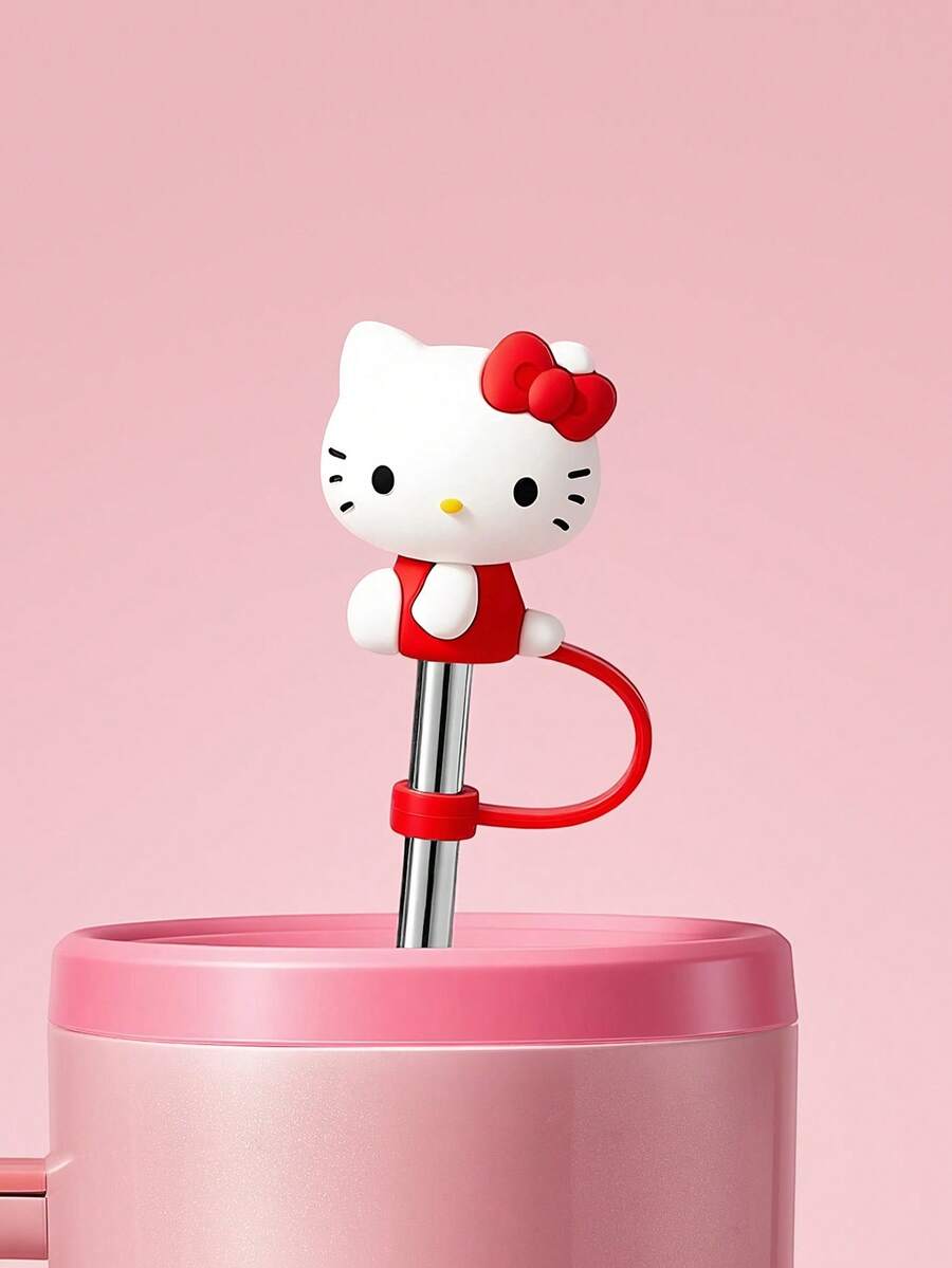 HELLO KITTY AND FRIENDS | SHEIN 1件 3D小貓蝴蝶結矽膠吸管蓋(不含吸管),日常、情人節 - 紅色 - 查看 1