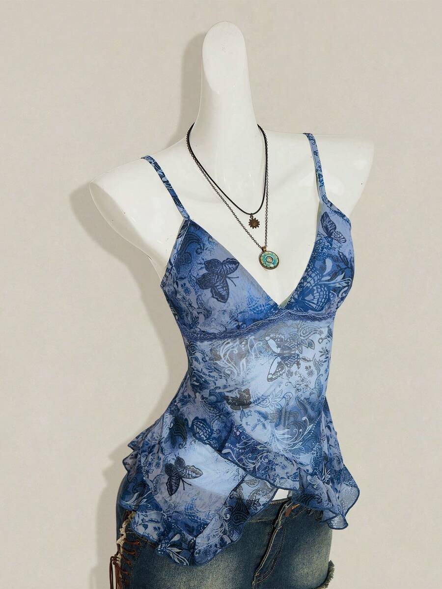 SHEIN ICON 女款度假風腰果花卉印花荷葉邊細肩帶背心,7月4日美國國慶女裝,可愛夏季穿搭 - 霧霾藍 - 查看 1