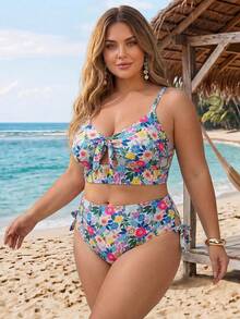 SHEIN CURVE+ 大码女式两件套印花加宽肩带三角比基尼套装，度假沙滩装 - 彩色 - 查看 3
