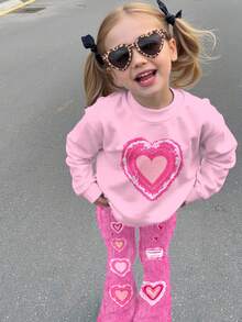 SHEIN 2pcs/Set Valentine's Day Heart Pattern Young Girl's Casual Loose Round Neck Long Sleeve Sweatshirt And Flared Pants Set - Multicolor - View 4