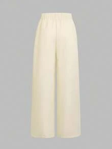Girls' Textured Vertical Striped Black Loose Button Long Pants - Apricot - View 2