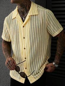 SLATEMANN Men's Solid Color Knit Jacquard Striped Textured Soft Summer Thin Loose Casual Vacation Short Sleeve Shirt - Yellow - View 1