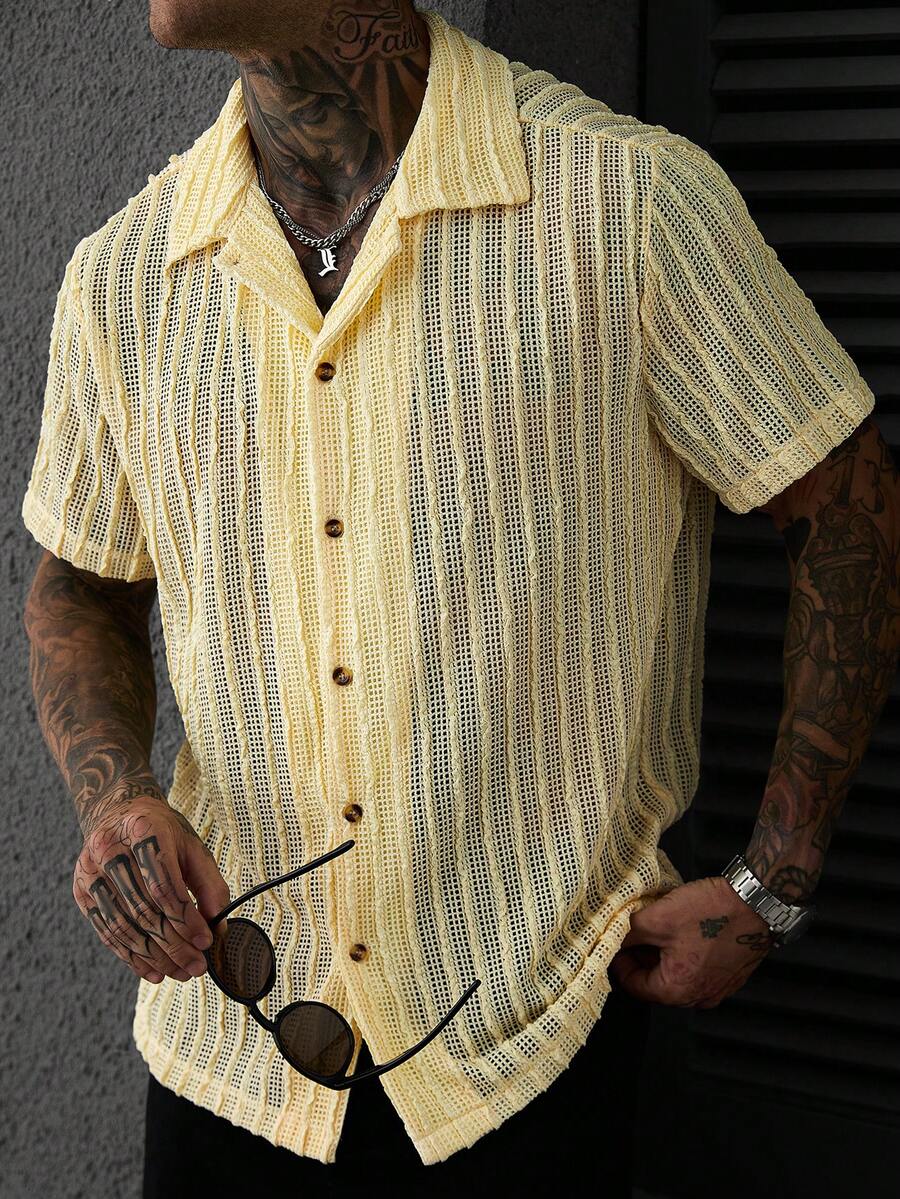 SLATEMANN Men's Solid Color Knit Jacquard Striped Textured Soft Summer Thin Loose Casual Vacation Short Sleeve Shirt - Yellow - View 1