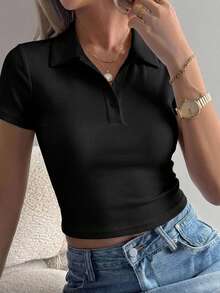 Dazy-Less Summer Autumn June Festival Collared Short Sleeve Button-Up Slim Fit Solid Black Ribbed Knit Cropped Tank Top For Women - Black - View 3