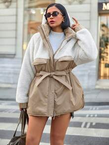 EURMUSE Faux Fur Jacket – Ultra-Warm Cropped Design With Plush Velvet Texture, Oversized Collar & Quilted - Beige - View 6