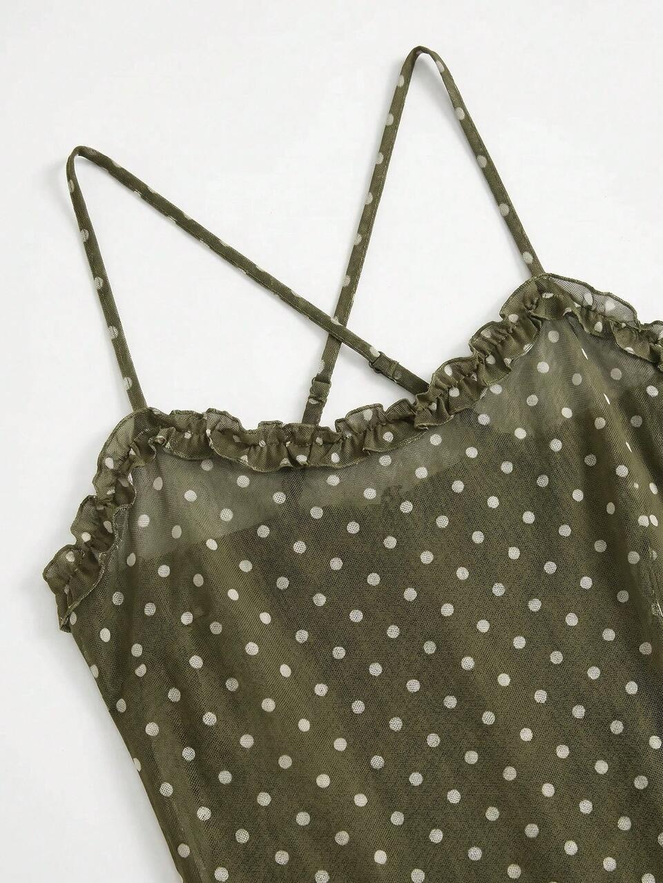 Olive Green Polkadot Fitted Mesh Midi Dress With Ruffle Neckline And Crossed Straps Summer Holiday Vintage Romantic 1940s Brunch Picnic