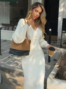 Strévra Women's 2pcs Set: White Crew Neck Long Sleeve Knit Sweater And High Waist Slim Fit Ribbed Knit Pants For Winter - White - View 1