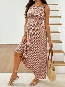 SHEIN 孕婦格紋肩結休閒無袖洋裝 - 彩色 - 查看 9