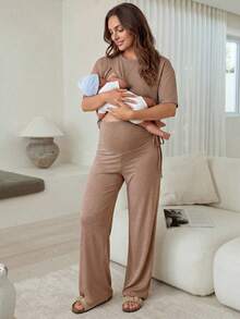 Slowluna Maternity Solid Color Round Neck Nursing Top And Adjustable Waist Long Pants Casual Daily 2 Pieces Set Loungewear Pajama Nightgown Robe  - Khaki - View 4