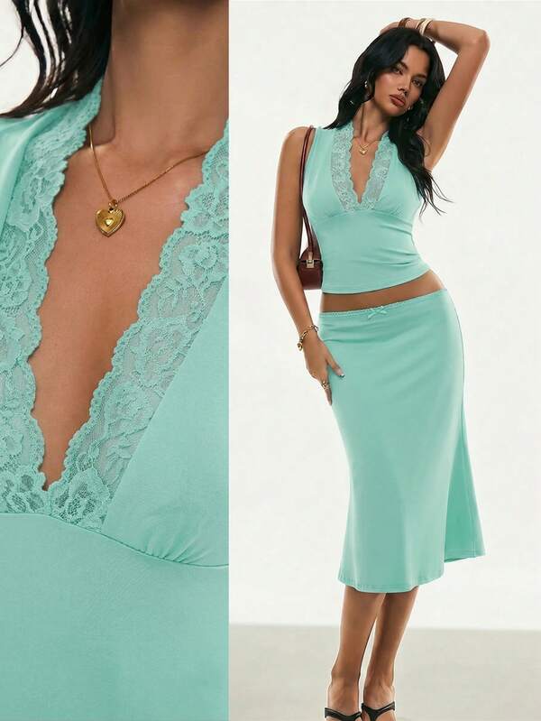 Poéselle Women's Lace Patchwork Pleated Top And Bow Decor Skirt Casual Elegant Daily 2-Piece Set Vacation Mint Green Summer