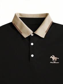 Calvornis 男士大尺碼休閒短袖 Polo 衫，羅紋領口，刺繡設計，珠地布料 - 黑色 - 查看 5