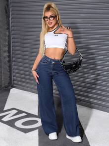 SHEIN ICON 女款休閒百搭日常牛仔褲，附口袋與鈕扣設計 - 深色水洗藍 - 查看 3