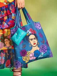 Frida Kahlo X SHEIN 1件優雅花卉與人物印花聚酯纖維可折疊購物袋，附小收納袋與珠鏈掛飾托特包，藝術家墨西哥風格 Frida - 藍綠色 - 查看 3