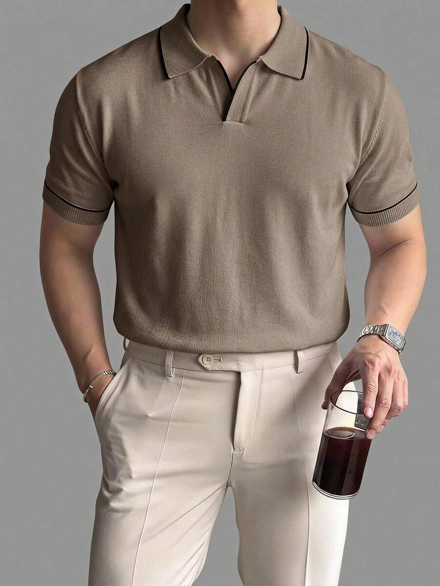 DAZY Summer Half-Button Solid White & Black Trim Men's Knit Top - Khaki - View 1