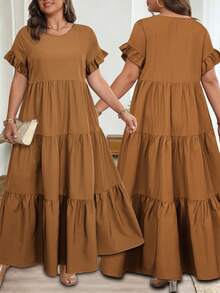 Vionelle Gaun Wanita Ukuran Besar Gaya Prancis Kasual Elegan Longgar Leher Bulat Lengan Pendek - Rust Brown - View 1