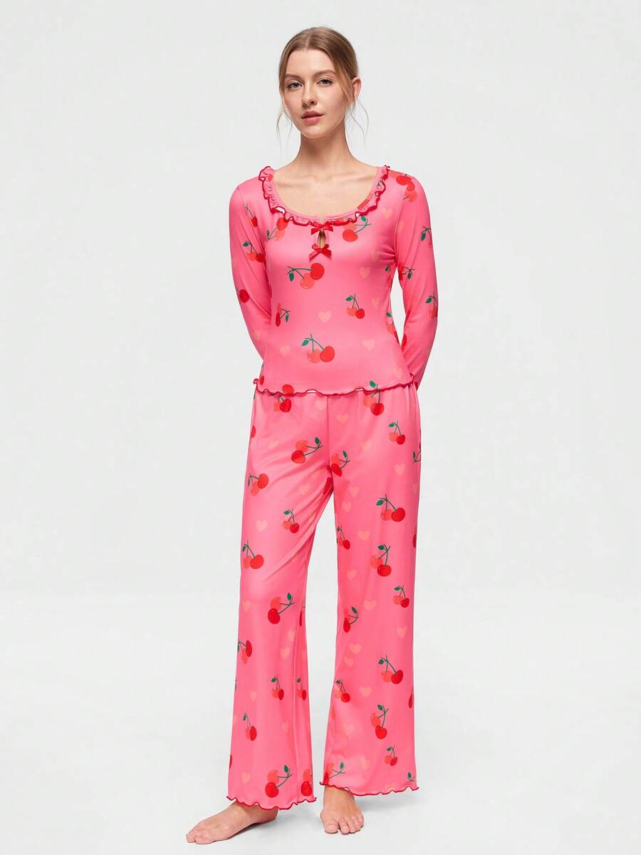 Bonmuse 2件套女士休闲樱桃印花荷叶边长袖方领家居服套装，秋季