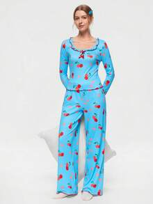 Bonmuse 2件套女士休闲樱桃印花荷叶边长袖方领家居服套装，秋季 - 藍色 - 查看 9