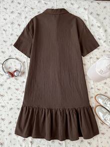 Teen Girl Brown Polo Collar Embroidered Pattern Ruffle Hem Casual Dress, School Uniform Style, Suitable For School, Outdoor Activities, Shopping, Daily Wear KIDS - Brown - View 6