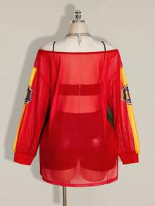 SHEIN ICON 大尺碼 Y2K 牛仔復古龐克印花透視網紗寬開衩迷你洋裝，適合演唱會、度假、辦公室，黃色與酒紅色，秋季騎行電音派對穿搭 - 紅色 - 查看 2