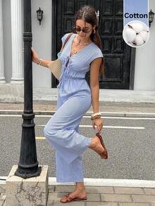 SHEIN Frenchy Women's Blue And White Stripe Vacation Versatile Tie-Waist Loose Jumpsuit Summer Tropical Casual - Blue and White - View 9