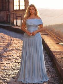 Glamrae Plus Size Elegant Romantic Light Blue Tulle & Satin One-Shoulder Rhinestone Embellished Ruched Mermaid Hem Evening Gown, Suitable For Evening Party, Ball, Vacation, Date, Wedding Event, Guest Dress - Blue - View 6