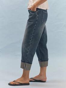 MUSERA Mid Rise Straight Leg Jeans With Folded Cuff Detail Summer Casual Everyday Girly Y2K Soft Social - Dark Wash - View 3