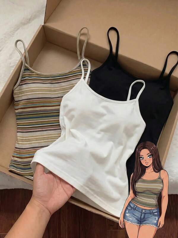 Comfortcana 3pcs Plus Size Women's Casual Traditional Slim Fit Camisole Tank Tops Holiday Chocolate Brown White Black Summer