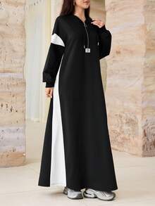 Al Najma Gaun Sweatshirt Berkerudung Longgar, Blok Warna Hitam & Putih, Bahu Jatuh, Menonjol dan Memperindah, Gaun Panjang Selutut - MultiWarna - View 5