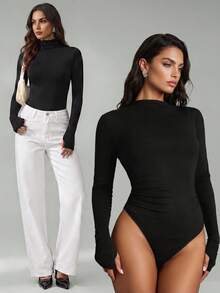 SHEIN Tall Women's Black Solid-Color Comfortable Knit Long-Sleeve Simple Pleated Fitted Jumpsuit - Black - View 4