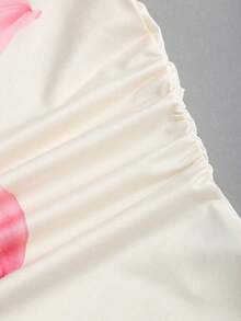 Elenzga Plus Size White Base Large Pink Lily Floral Print Off Shoulder Short Sleeve Ruched Fitted Crop Top Women Lightweight Summer Daily Going Out Casual Top - Multicolor - View 7