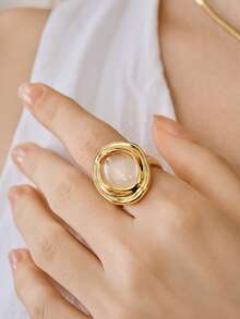 Opalesca Cincin Terbuka Geometris Berlapis Emas 18k, Perhiasan Asimetris Mewah Ringan Bergaya - Yellow Gold - View 5