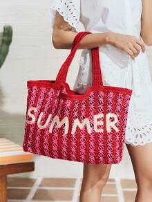SHECARRY Women's Fashionable Spring And Summer Nautical Style Two-Color Striped Letter Design Shoulder Bag, For Beach, Vacation, Seaside - Rose Red - View 2