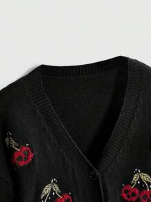 ROMWE Dark Gothic Cherry Skull Embroidery Contrast Color Short Loose Knit Cardigan - Black - View 3