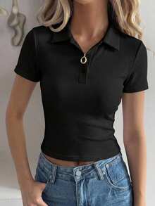 Dazy-Less Summer Autumn June Festival Collared Short Sleeve Button-Up Slim Fit Solid Black Ribbed Knit Cropped Tank Top For Women - Black - View 5