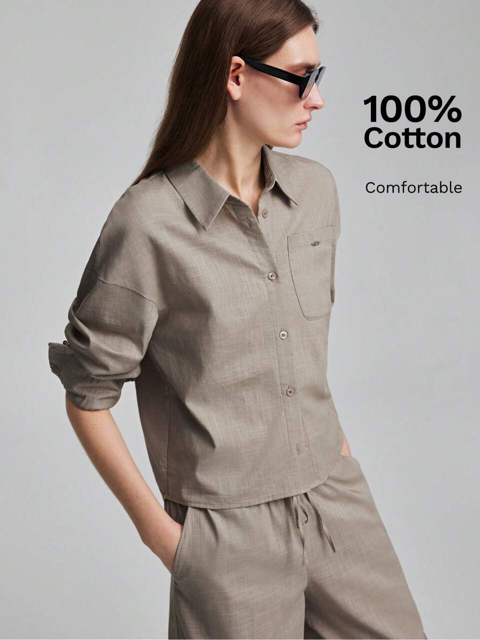 Women's Gray Low-Saturation Comfortable Traceable Fabric Fitted Boxy Silhouette Shirt Turndown Collar Dropped Shoulders Long Sleeves Casual Office