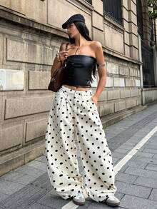 Coolane Women's Summer Fall Streetwear Going Out Casual Vintage Cotton Black Polka Dot Pattern Low Waist White Jeans Banana Harem Pants - Black and White - View 6