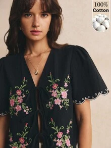 Poéselle Women's Cotton Casual Elegant Floral Embroidered Lace-Up Blouse, Going Out Brunch Vacation Tops, Work, Summer/Autumn Black And Pink - Black - View 3