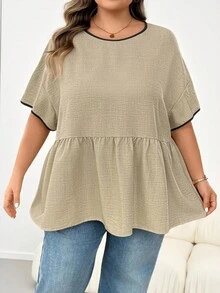 SHEIN CURVE+ Kemeja Kasual Musim Panas Ukuran Besar dengan Trim Kontras - Aprikot - View 3