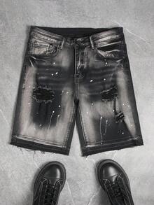 Manfinity EMRG Men's Fashion Versatile Distressed Pocket Button Denim Shorts - Black - View 1
