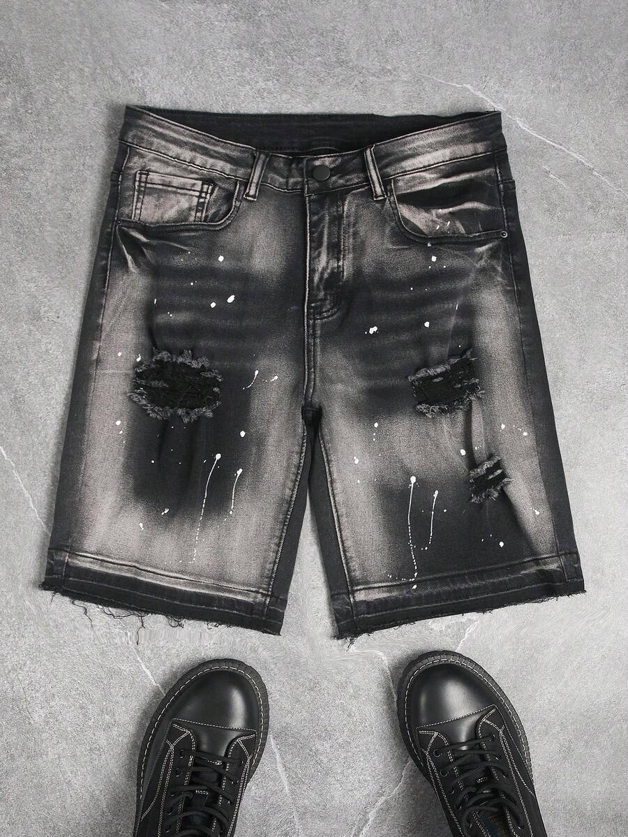 Manfinity EMRG Men's Fashion Versatile Distressed Pocket Button Denim Shorts - Black - View 1