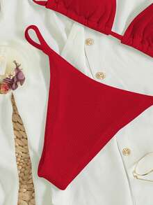 Bonvoyette 2026 Spring/Summer Women's Vacation Special Fabric Spaghetti Strap Halter Neck Red Sexy Thong Bikini Two Pieces Swimwear - Red - View 5