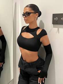 SHEIN ICON Y2K 前方鏤空黑色短版上衣附袖套 - 黑色 - 查看 5